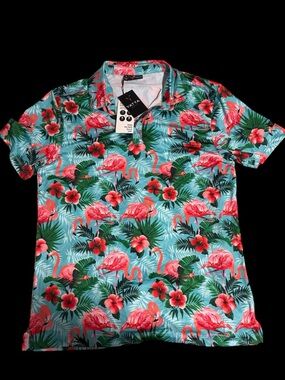 New Men’s Tropical Flamingo Print Shirt - Pink/Green golf polo shirt medium